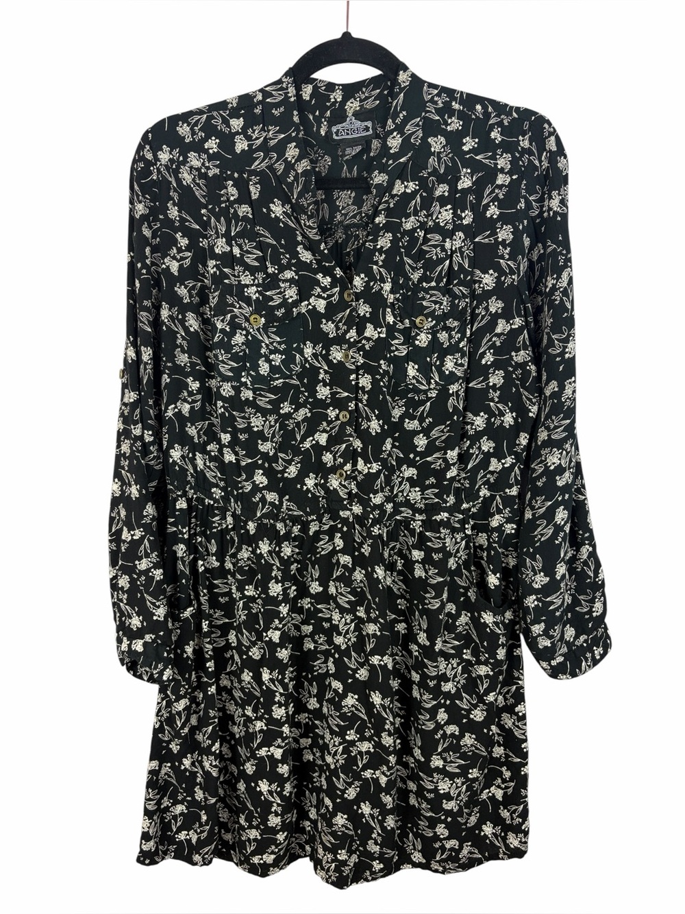 Angie Boho Floral Dress Black White Flowy Tiered Rayon Size Large Pockets